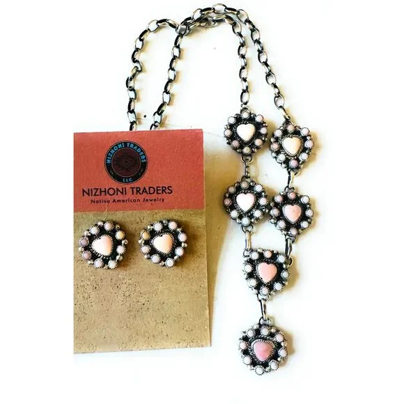 Navajo Queen Pink Conch & Sterling Silver Heart Necklace Set